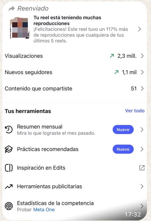 Estadísticas de Instagram del reel: 2,3 millones de visualizaciones y 1,1 mil nuevos seguidores